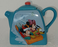 Disney Mickey and Minnie Mouse Pluto Snow Sledding Christmas Teal Tea Pot