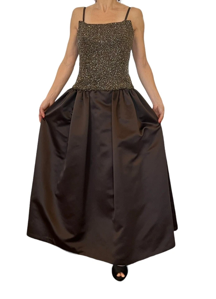 BOB MACKIE WOMEN VINTAGE 80'S SLEEVELSS BROWN BEADED SATIN BALL EVENING GOWN S/M - Image 4 of 4