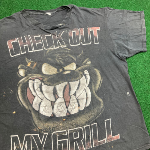 Vintage Tasmanian Devil Shirt Mens XL Black Check Out My Grill Taz Thrashed Y2K