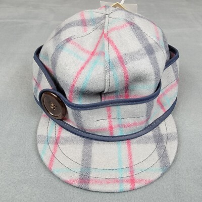 Stormy Kromer Hat Womens 6 7/8 Gray Pink Blue Plaid Wool Button Up Cap USA