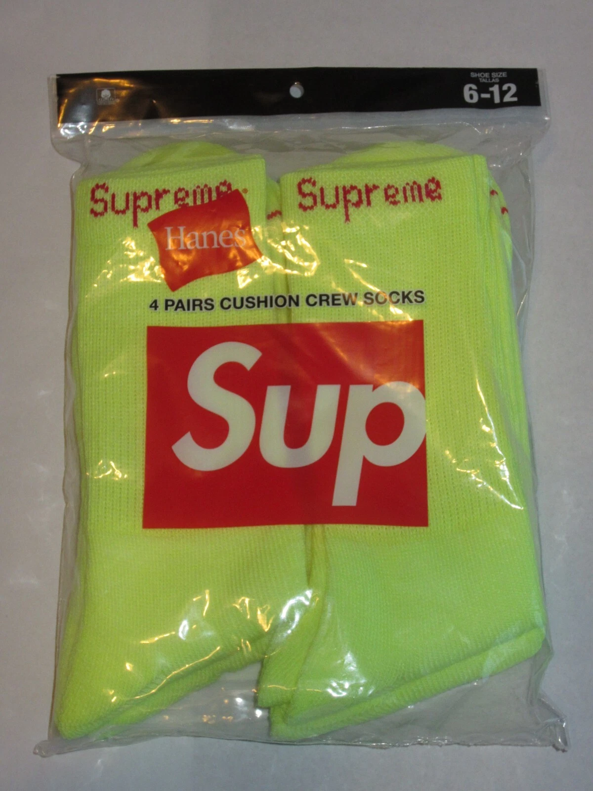 Pack de 4 chaussettes Supreme x Hanes Crew jaune fluorescent taille 6 12 NEUVES ! S/S 23