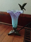 Vintage Tiffany Style Hummingbird Tulip Flower Lamp Brass Base  H:9” x 4”W