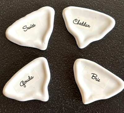White Porcelain Cheese Marker Set 4-Piece Gouda Cheddar Swiss Brie