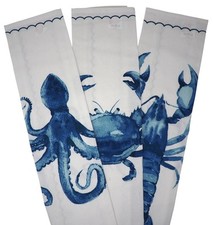 Coastal Nautical Sea Creature Sealife Tea Towels Blue White - Set of 3