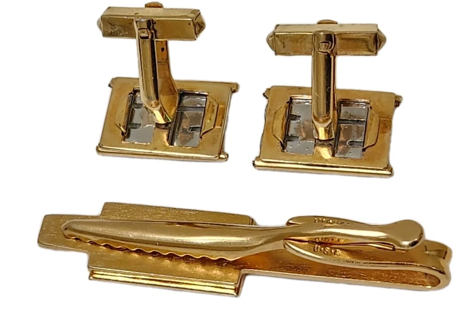 Vintage Signed Gold Tie Clip SB Initials Cubic Zirconia Cufflinks Matching Set - Image 3 of 4