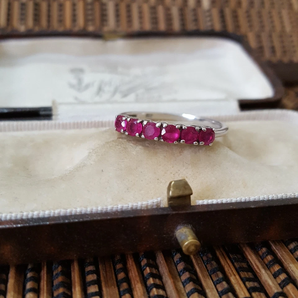 925 Sterling Silver Ring, Genuine Ruby Half Eternity Ring, Size R.5 US 8.75  - Image 4 of 4