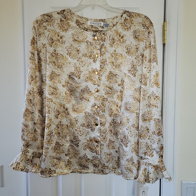 Chaus 16 Blouse Winter White Crepe Gold Paisley Longsleeve Button Up
