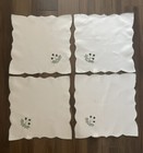 New Vtg Set 4 Ivory Linen Embroidered Napkins Scalloped 10.5" Sq