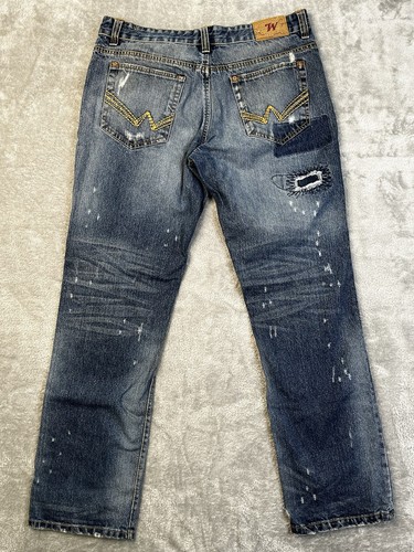 Winchester Men's 36x33 Distressed Jeans Blue Stitching Factory Patches FLAW - Picture 2 of 12