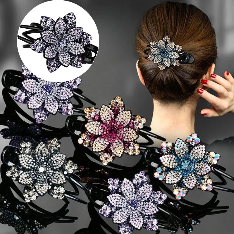 2PC Women Crystal Hair Comb Vintage Hair Claw Rhinestone Double Flower Hair Clip
