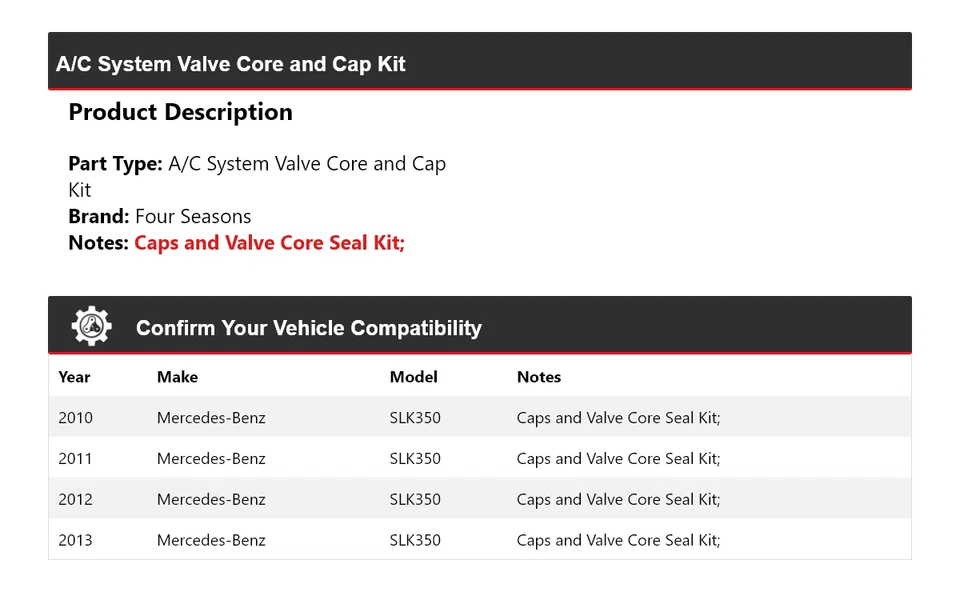 For 2010-2013 Mercedes-Benz SLK350 A/C System Valve Core and Cap Kit 4 Seasons - Image 2 of 4