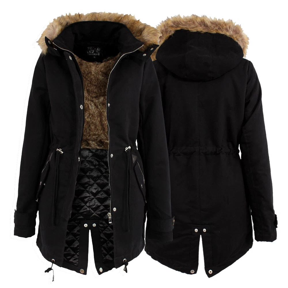 LADIES DESIGNER STYLE FUR LINED PARKA WARM JACKET HOODED BLACK WINTER COAT