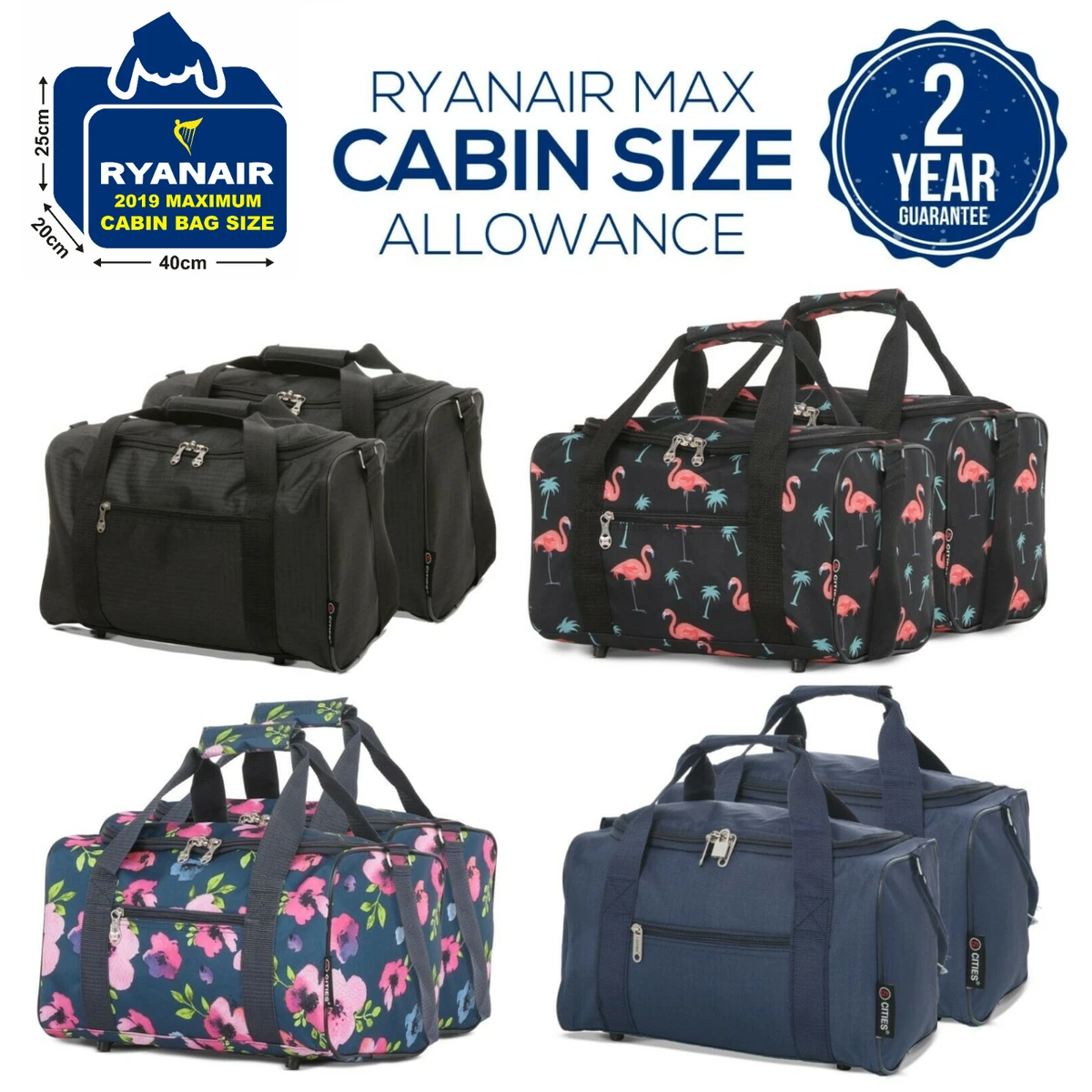 Set of 2 New 2023 Ryanair 40x20x25 Maximum Sized Cabin Carry on Holdall Bags