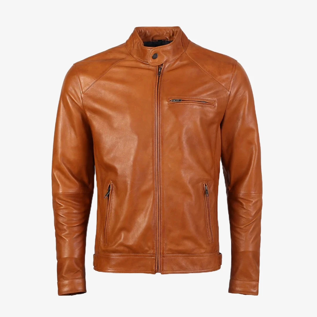 Café Racer Men Leather Jacket Brown Biker Genuine Real Sheep Skin Leather