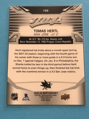 2022-23 UD MVP Tomas Hertl Silver Script #196 Sharks (2A) - Picture 2 of 2