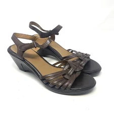 Easy Spirit Brown Comfort Leather Wedge Sandals Knot Ankle Strap 10W Wide Boho