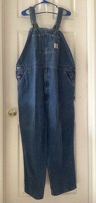 Vintage Men s 46 x 28 Carhartt Denim Dark Blue Jean Bib Overalls R07 DST