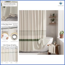 Boho Shower Curtain 72x72 Faux Linen with Tassels Rustic Green Striped