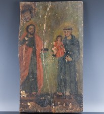 19thC ANTIQUE SPANISH COLONIAL MEXICAN RETABLO PAINTING OF BABY JESUS & SAINTS