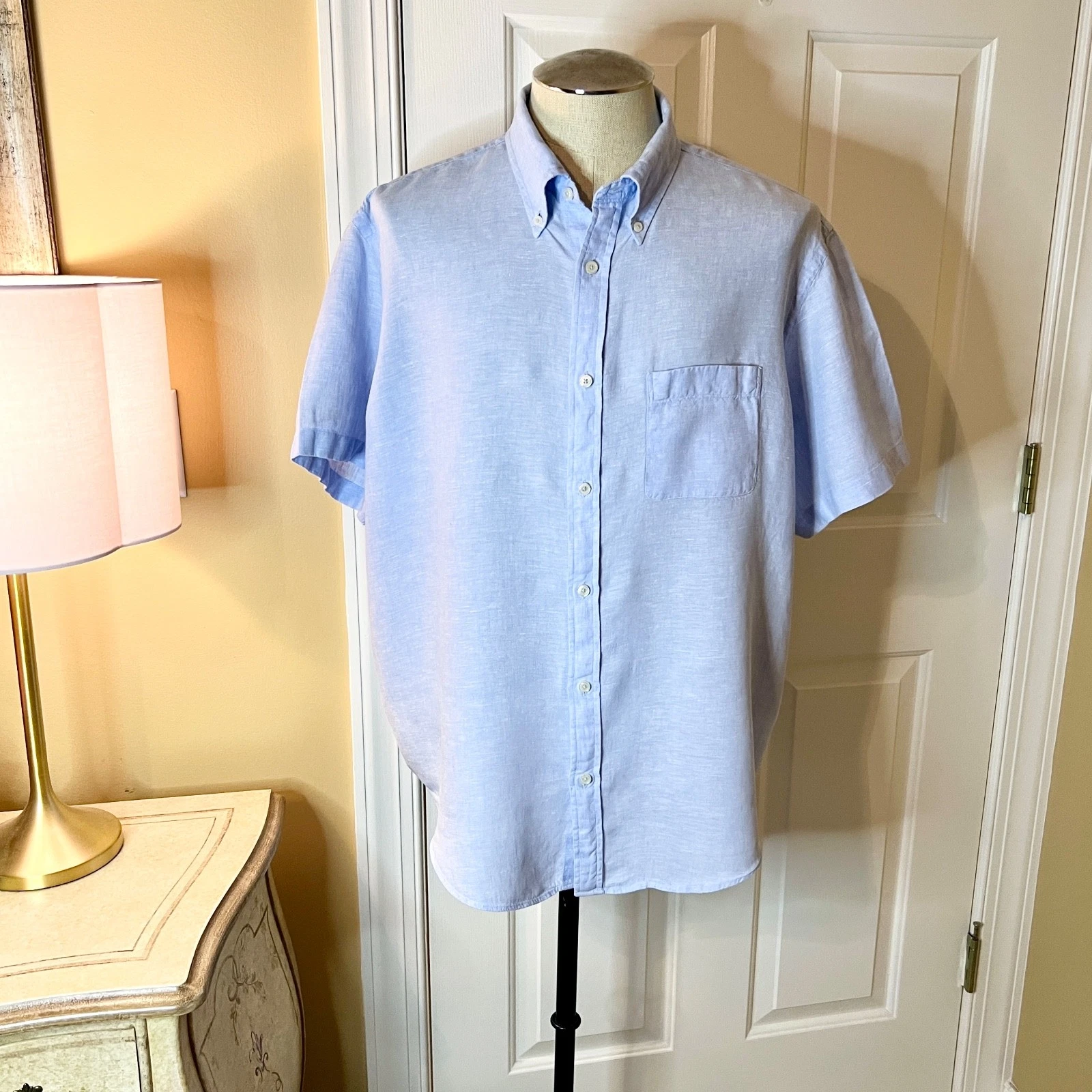 EUC Brooks Brothers Regular Fit Blue Short Sleeve Linen Button Down Shirt XL