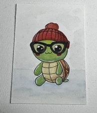 ACEO Original Watercolor Painting Winter Holiday Hipster Turtle Kawaii Art