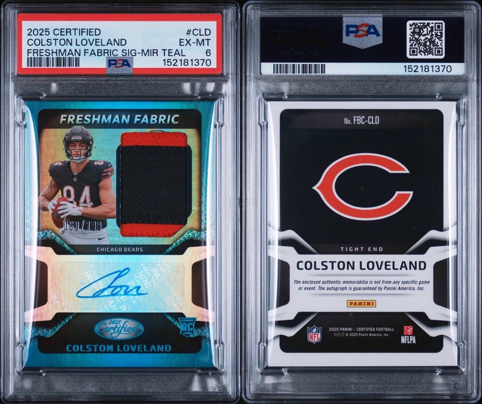 2025 Panini Certified Colston Loveland RC Auto Teal/199 PSA 6 #FBC-CLD view 3