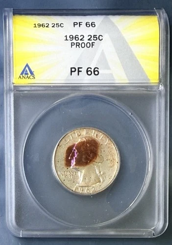 1962  PROOF Washington Quarter Beautifully Toned in Purple and Brown ANACS PR 66