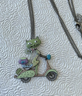 #ad Cat on scooter Pendant enamel on metal $22.80