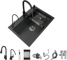 Black Deep Kitchen Sink, Stainless Steel Single Bowl Sink with Faucet, Drop