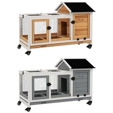 PawHut Wooden Rabbit Hutch with Wheels for Small Animals, Guinea Pig