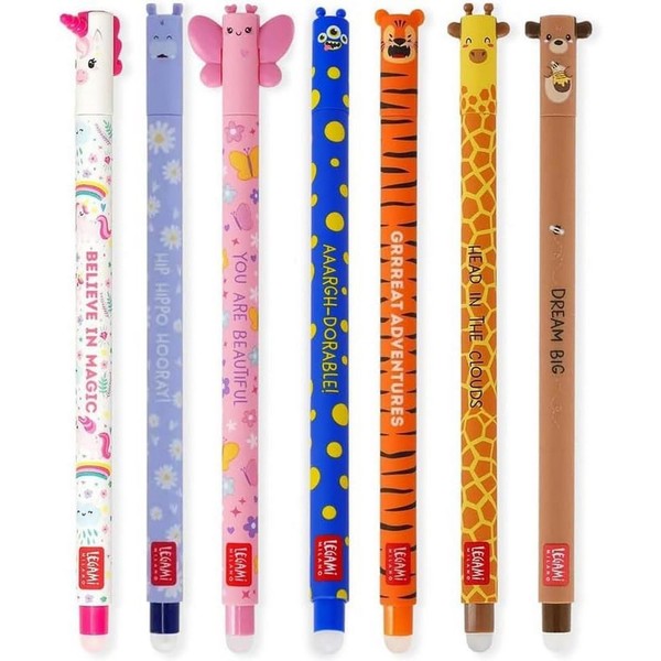 Legami 7Er Set Gel Schreiber Stifte Set LöSchbar Radierbar Einhorn Tiger BÄR...-image