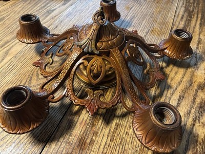 Antique Art Deco 5 Arm Polychrome Brass 18  Flush Mount Chandelier needs rewired