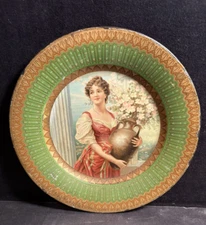 Antique Victorian Chromo Lithograph Tin Plate Female Portrait Early 1900s