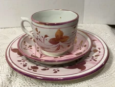 Pink Luster England Bone China Tea Cup, Saucer, Small Dish Circa 1830-1840's