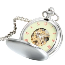Mens Pocket Watch Mechanical Polished Case Chain Hand-winding Luxury Half Hunter