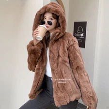 Rex Rabbit Fur Coat Hooded Real Fur Zipper Jackets Women Winter Overcoats Parka