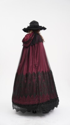 Halloween Red Black Lace Long Cloak Cape with Hood Theater Costume Witch Vampire