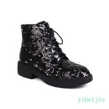 Women's Sequins Shiny Leather Chunky Heel Ankle Boots Dinner Party Shoes Knight