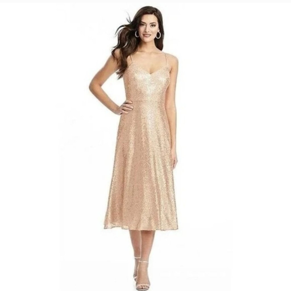 NWT Dessy Collection 3067 Spaghetti Strap Flared Sequin Midi Dress in Rose Gold | eBay NWT Dessy Collection 3067 Spaghetti Strap Flared Sequin Midi Dress in Rose Gold | eBay