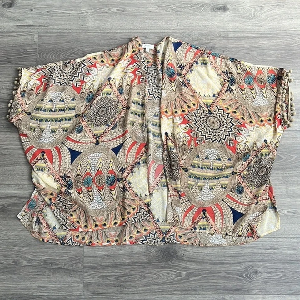 UMGEE Kimono Talla M/L Western Pom Ribete Transparente Ligero Festival Boho Envoltura Foto 3 de 4