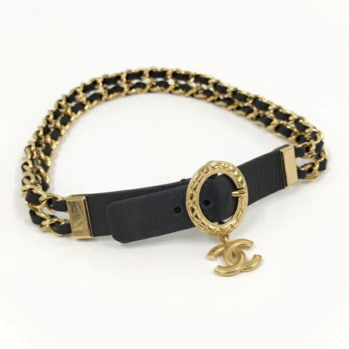 AUTENTICO BRACCIALE CHANEL CATENA GIROCOLLO MARCA COCO A24A PELLE PLACCATA ORO NERO F S