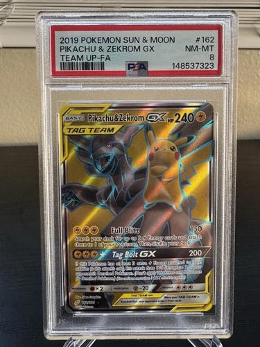 2019 POKEMON SUN & MOON TEAM UP #162 FULL ART/PIKACHU & ZEKROM GX PSA 8