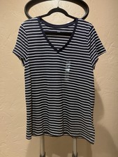Gap Women T-Shirt Navy With White Stripe XL Cotton Modal Favorite V-Neck NEW