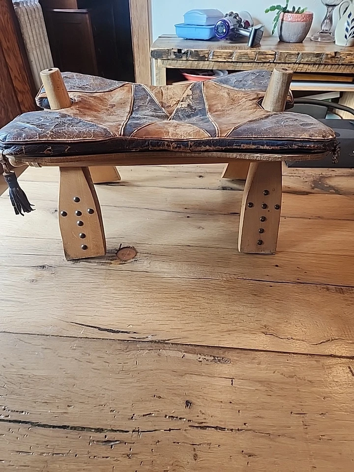 De Colección Egipcio Camel Asiento Otomano Pie Taburete Cuero Azul Madera Banco Foto 4 de 4
