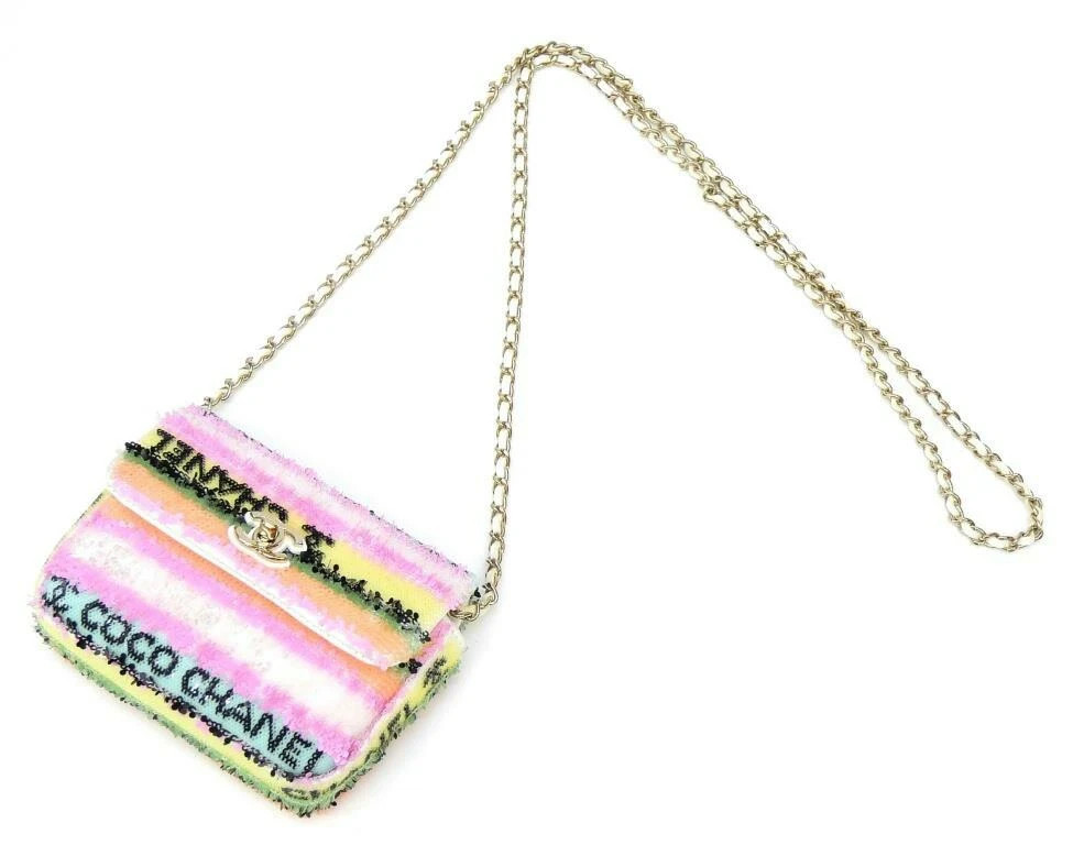 CHANEL Mini Chain Shoulder Bag Sequins Pink Multi Auth With Box