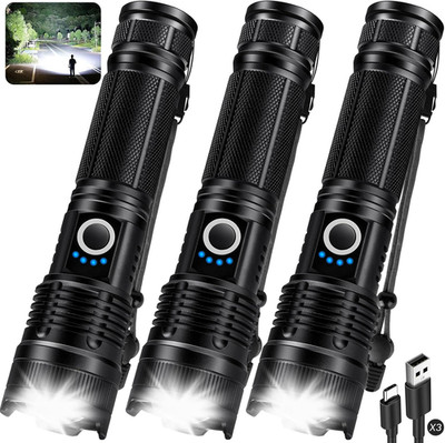 3 Pack Flashlights 90,000 High Lumens - Super Bright Rechargeable Flashlight wit