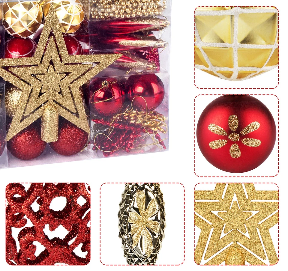 Weihnachtskugeln Rot Gold mit Baumspitze Stern 102er Kunststoff Christbaumkugel - Bild 4 von 4