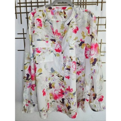 XL- Calvin Klein - White Floral Watercolor Button Blouse