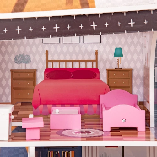HOMCOM Casa delle Bambole in Legno a 3 Piani con Ascensore e 13 Accessori Rosa - Foto 10 di 10