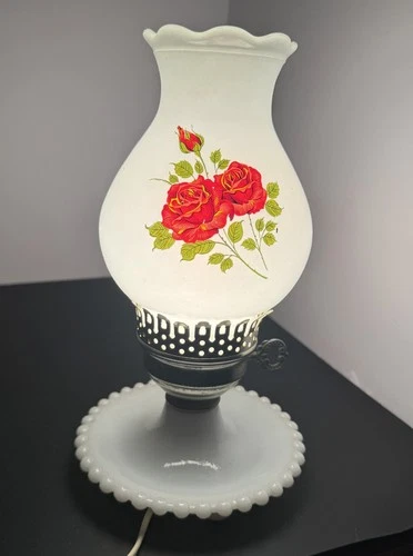 Vintage Milk Glass Hurricane Lamp Hobnail Hand Painted Rose Flower Key Turn Knob